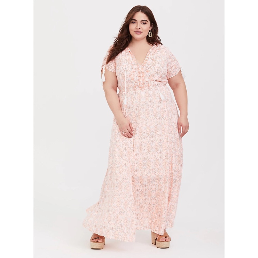 Torrid Ivory & Coral Gauze Tassel Maxi Dress